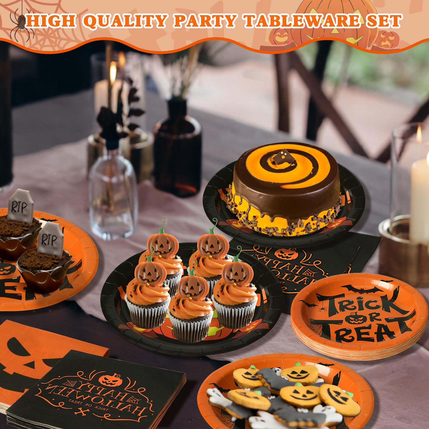 Halloween Jack O’Lantern Tableware Set – 96 Pcs Plates & Napkins for 24 Guests Party Supplies