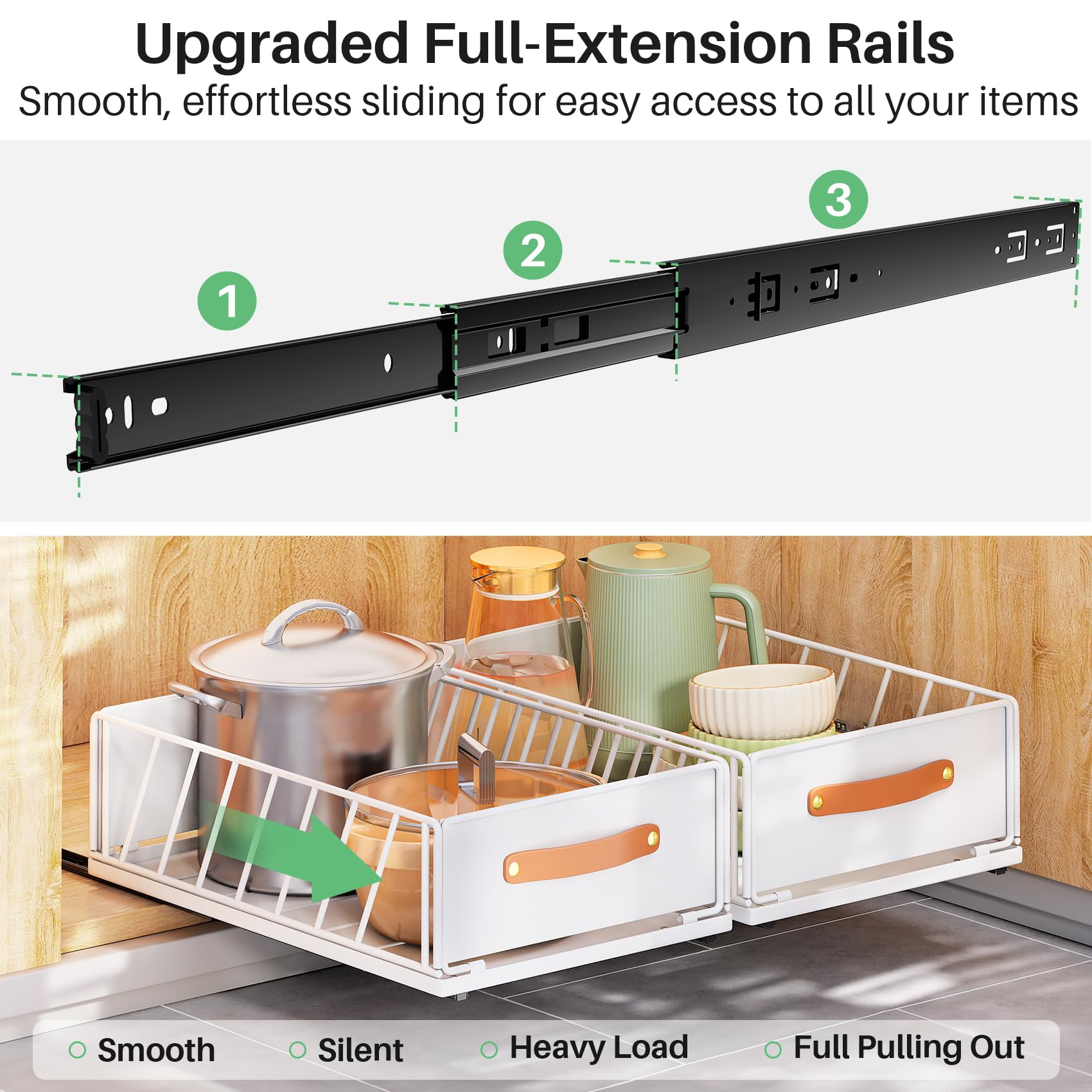 No-Drill Pull-Out Cabinet Organizer – Frameless Cabinets Only, Silent Full-Extension Drawer with Leather Handle (White)