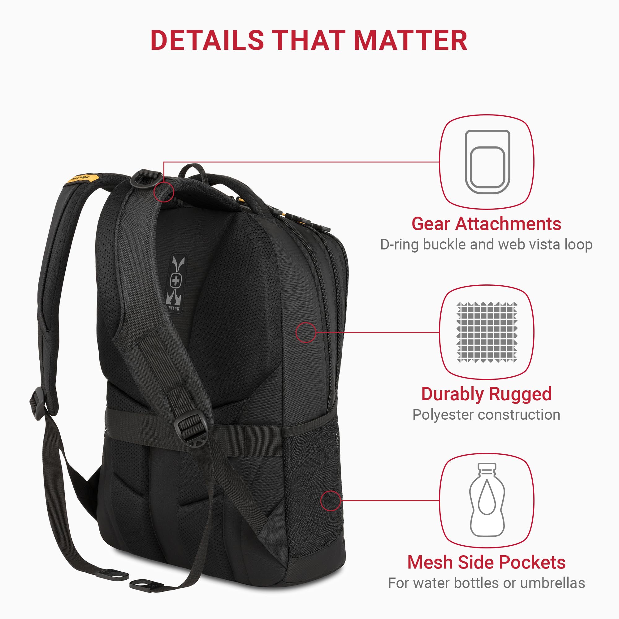 SwissGear Cecil 5505 Laptop Backpack – Lightweight 27.3L Daily Carry with Airflow Comfort, Black Gold