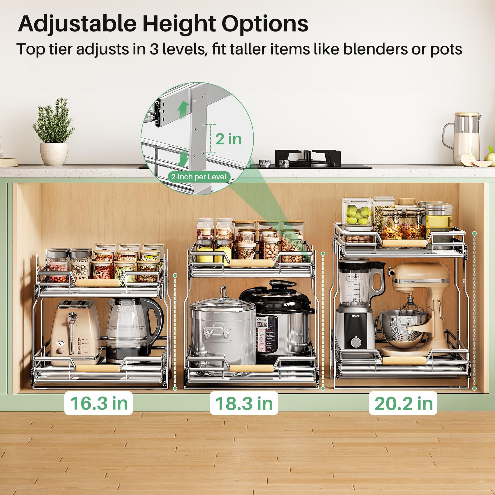 2-Tier Pull-Out Cabinet Organizer – Full-Extension Chrome Slide-Out Shelves with Wooden Handle