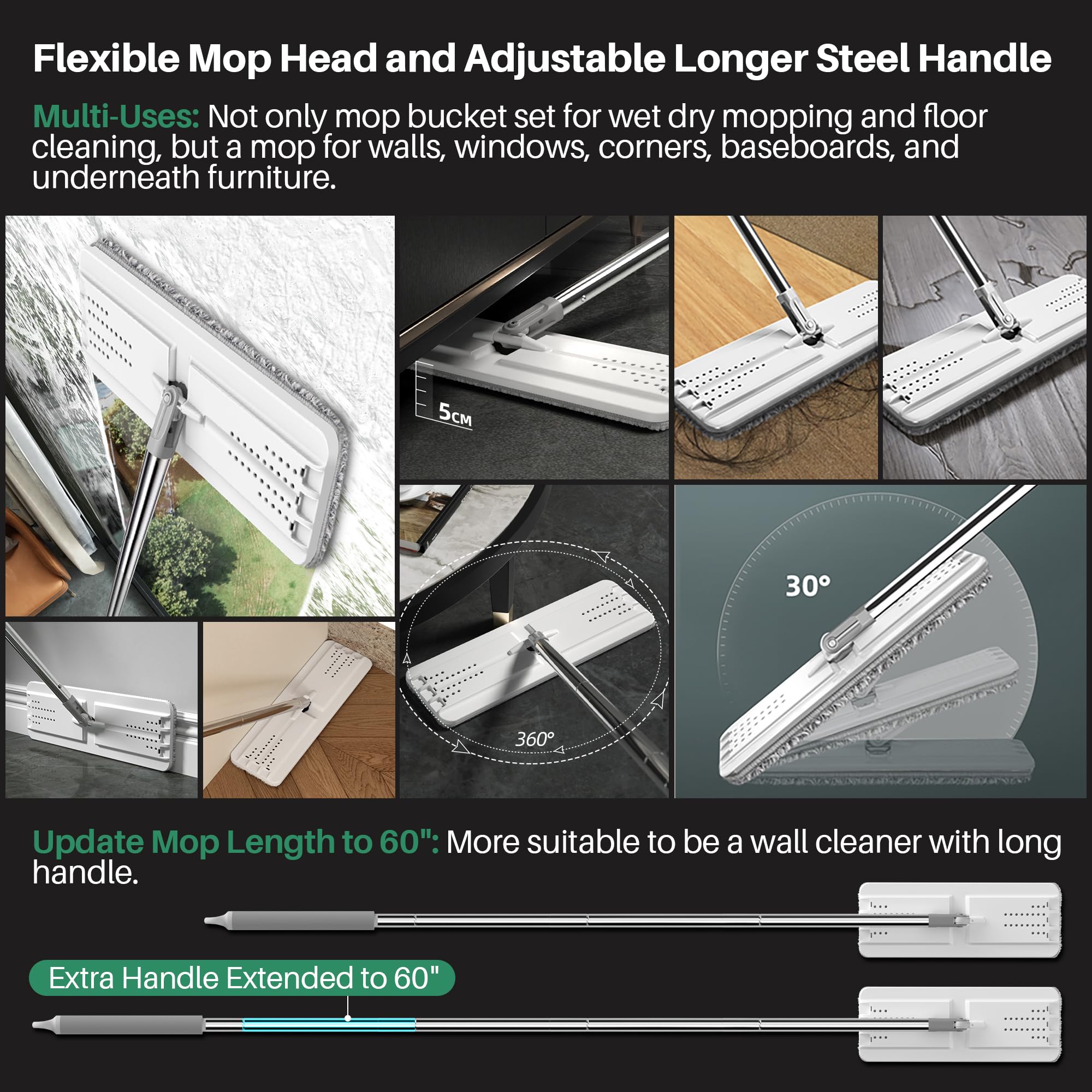 JOYMOOP 2-Tank Flat Mop & Bucket Set with Wringer – Hands-Free Microfiber Floor & Wall Cleaning System