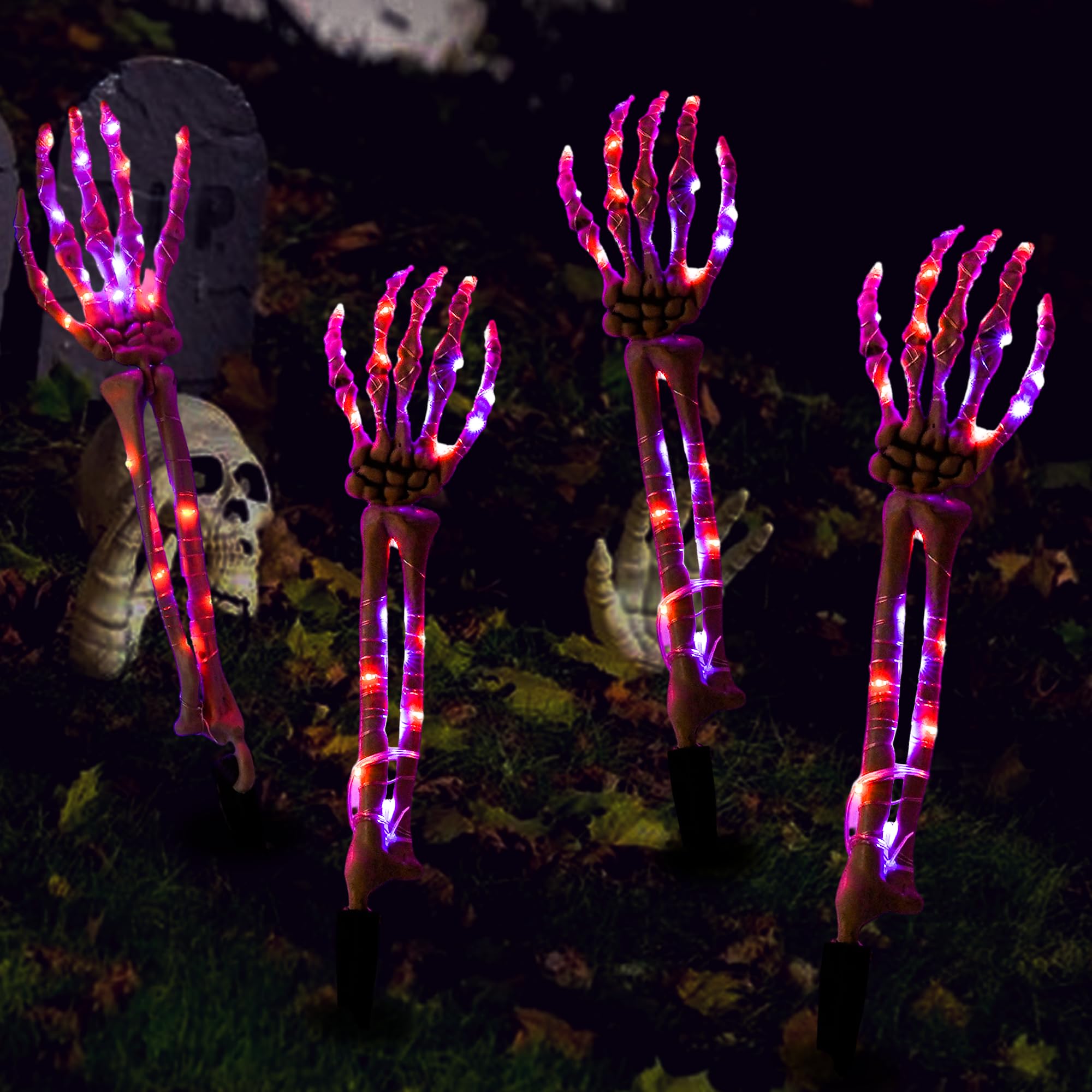 Purple & Orange Skeleton Arm Lights – Battery Powered Halloween Stakes with 8 Lighting Modes for Yard & Garden Décor