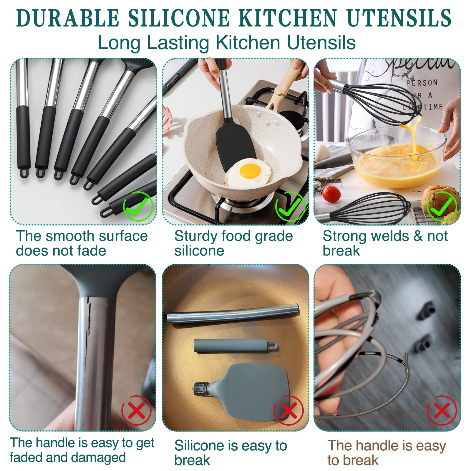 15-Piece Premium Silicone Kitchen Utensil Set with Stainless Steel Handles & Holder – Gray