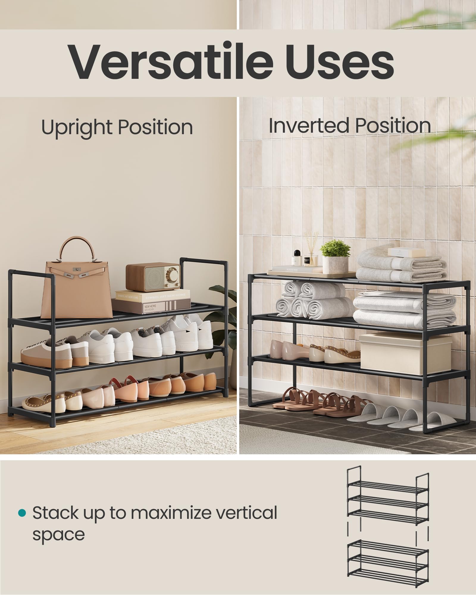 SONGMICS 3-Tier Metal Shoe Rack – Stackable, Flip-Design Shoe Organizer for Entryway & Closet (Black)