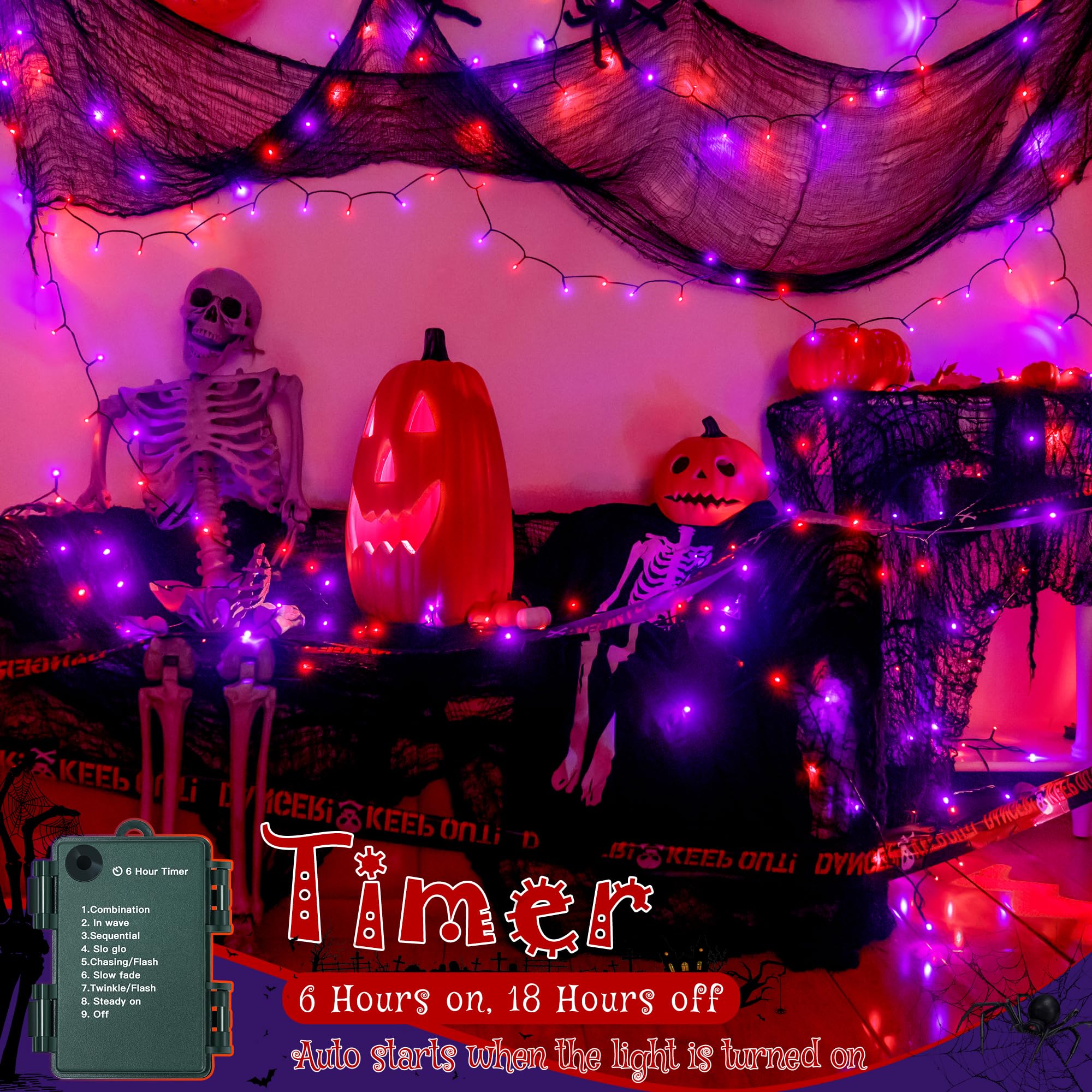Halloween LED String Lights with Black Creepy Cloth – 50 LEDs Orange & Purple Lights, 8 Modes, Timer, Battery Powered (79 x 31 in)