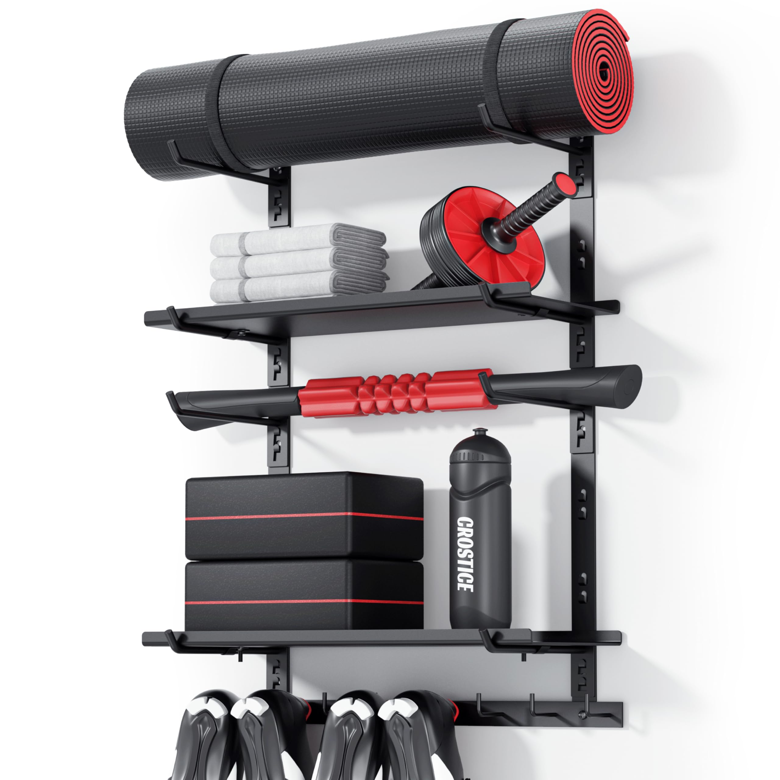 Crostice Wall-Mounted Home Gym Storage Shelf – Adjustable Fitness Equipment Organizer with Shelves, Hooks & Yoga Mat Holder (Black)