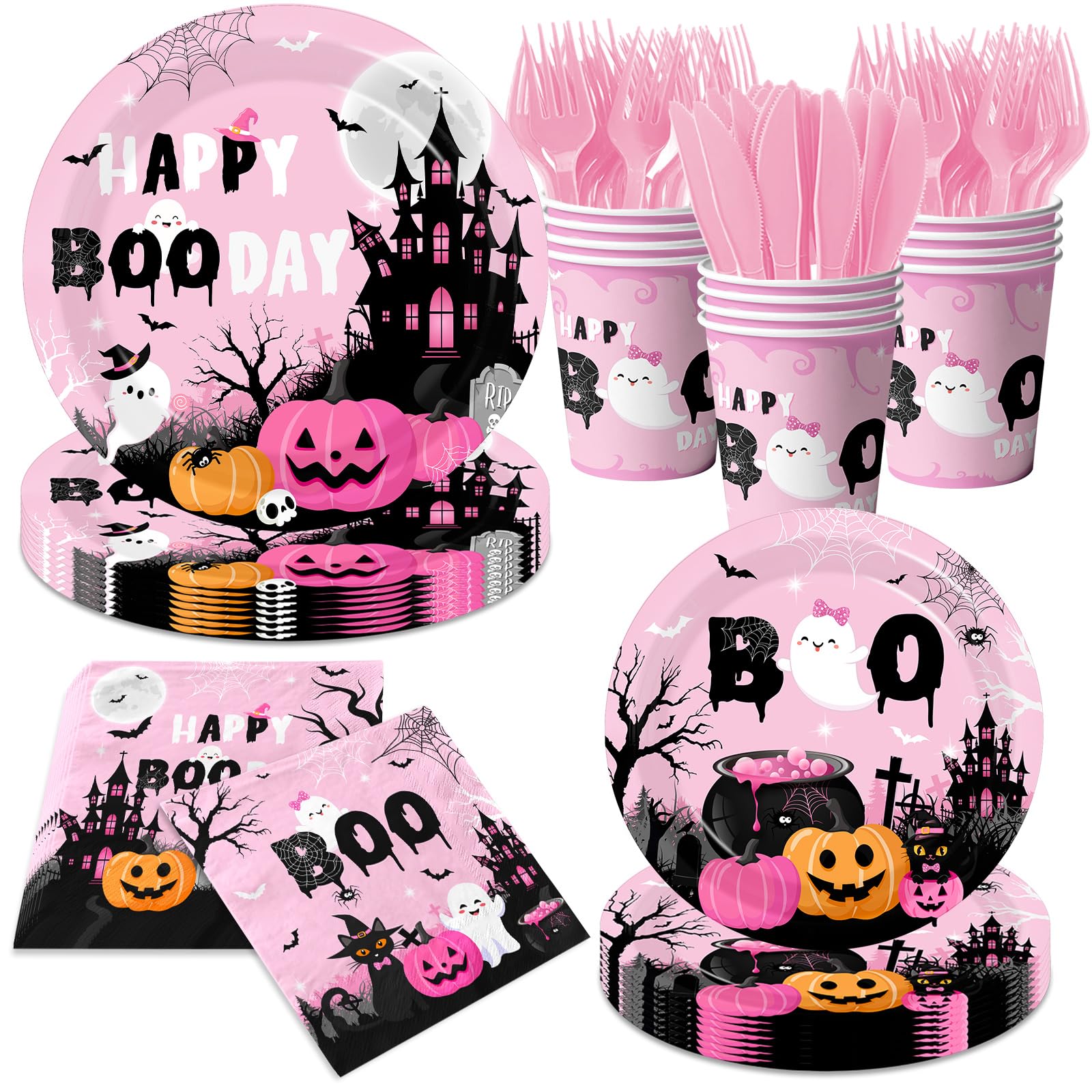 Happy Boo Day Halloween Party Supplies – 144 Pcs Pink Ghost & Pumpkin Plates, Cups, Napkins & Cutlery Set for 24 Guests