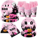 Happy Boo Day Halloween Party Supplies – 144 Pcs Pink Ghost & Pumpkin Plates, Cups, Napkins & Cutlery Set for 24 Guests