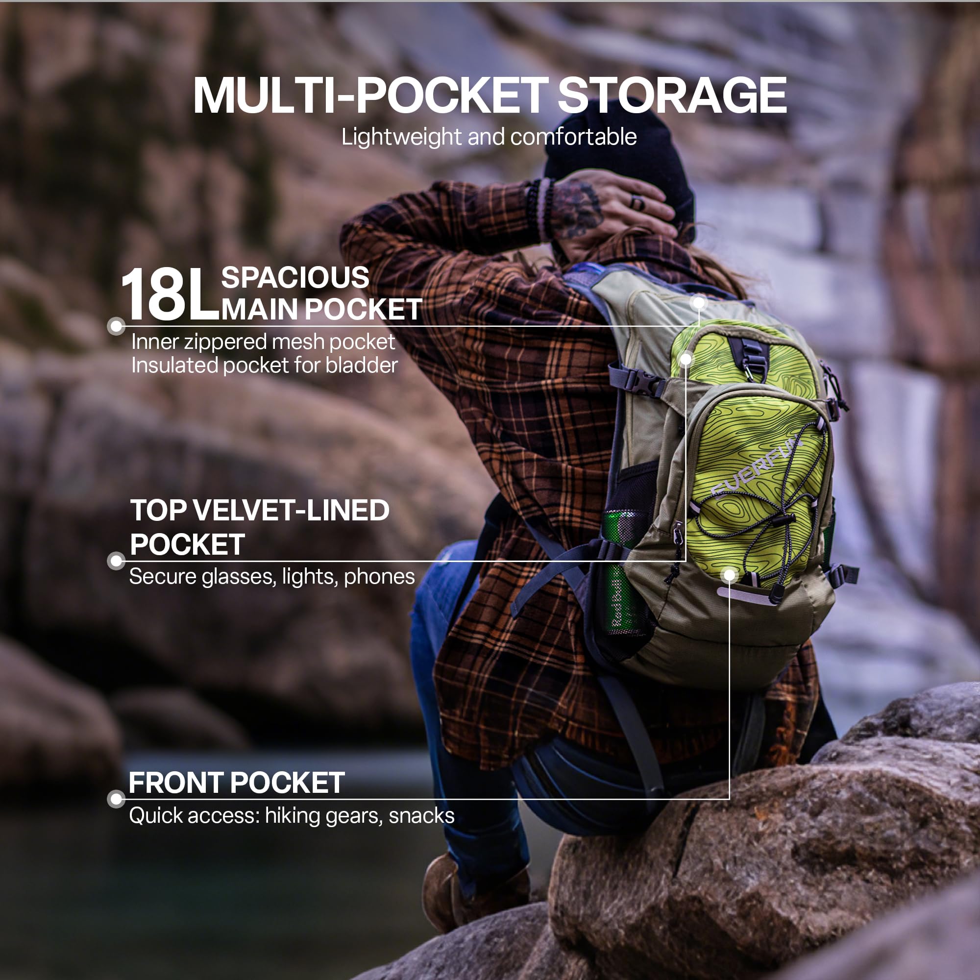 EVERFUN 18L Insulated Hydration Backpack with 2L Water Bladder & Rain Cover – Lightweight Hydro Pack for Hiking & Cycling – Olive Green