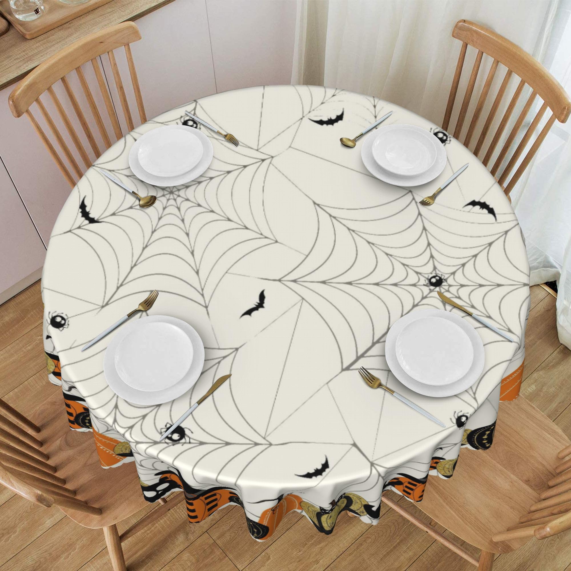 Halloween Round Tablecloth – Black Pumpkin Skull Polyester Cover for Dining & Party Decor (20"–47")