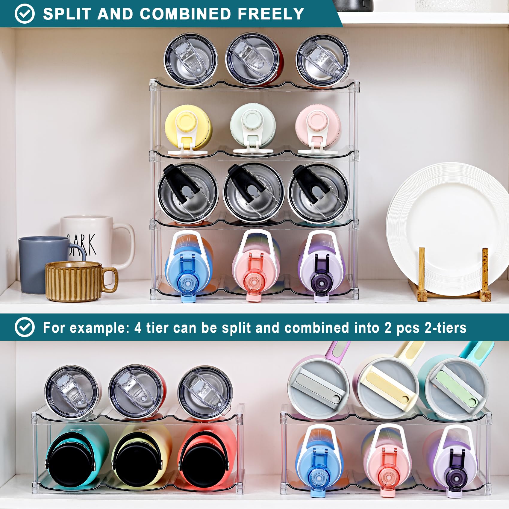 Large Capacity Stackable Water Bottle Organizer – 4-Tier Clear Holder for Large Tumblers & Bottles (Holds 12)