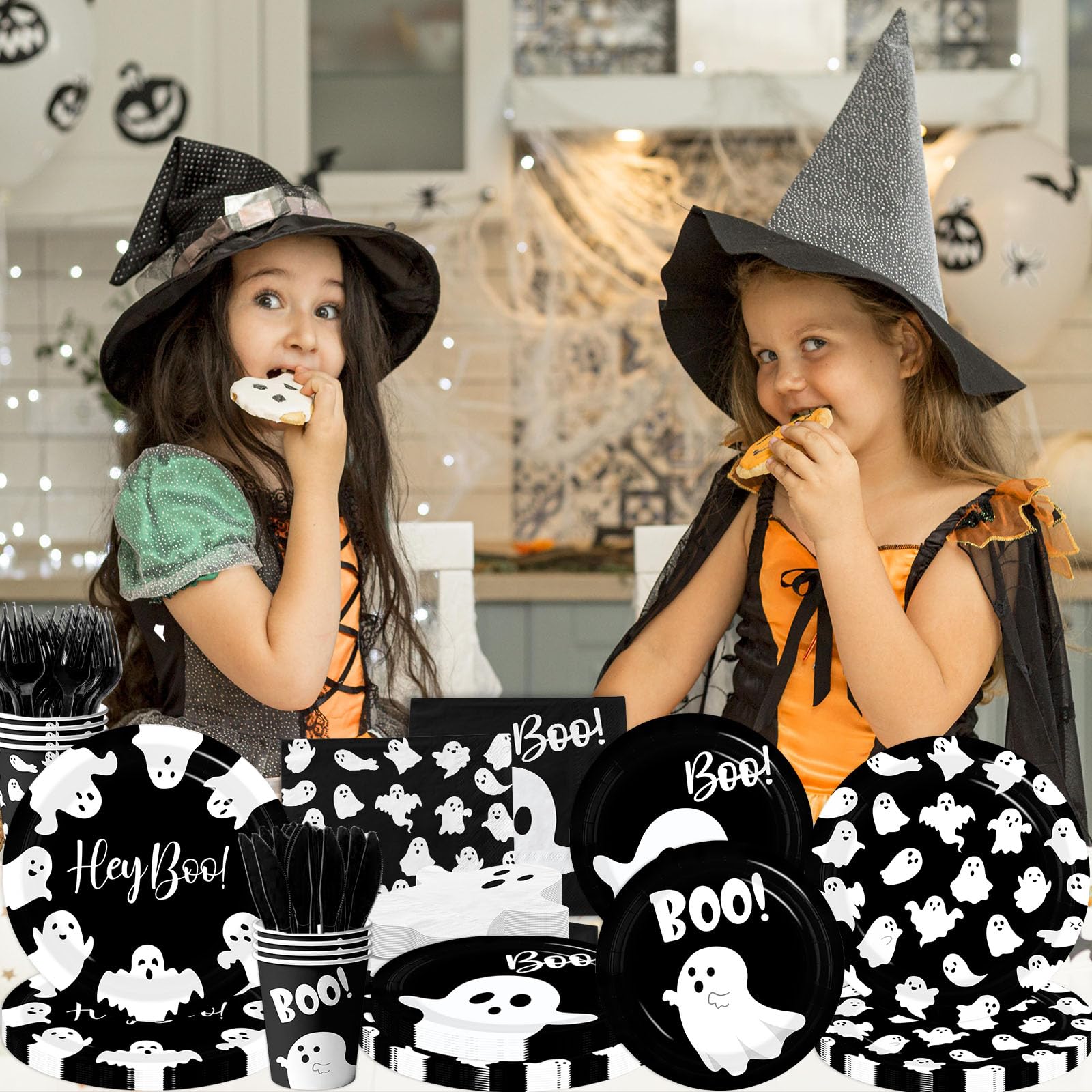Black Ghost Halloween Tableware Set – 144 Pcs Disposable Plates, Cups, Napkins & Cutlery with Cute Boo Ghost Design for Party & Baby Shower