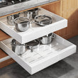 Expandable Pull-Out Cabinet Organizer – 21” Deep Soft-Close Slide-Out Shelves with Raising Pads (White, 2-Pack)