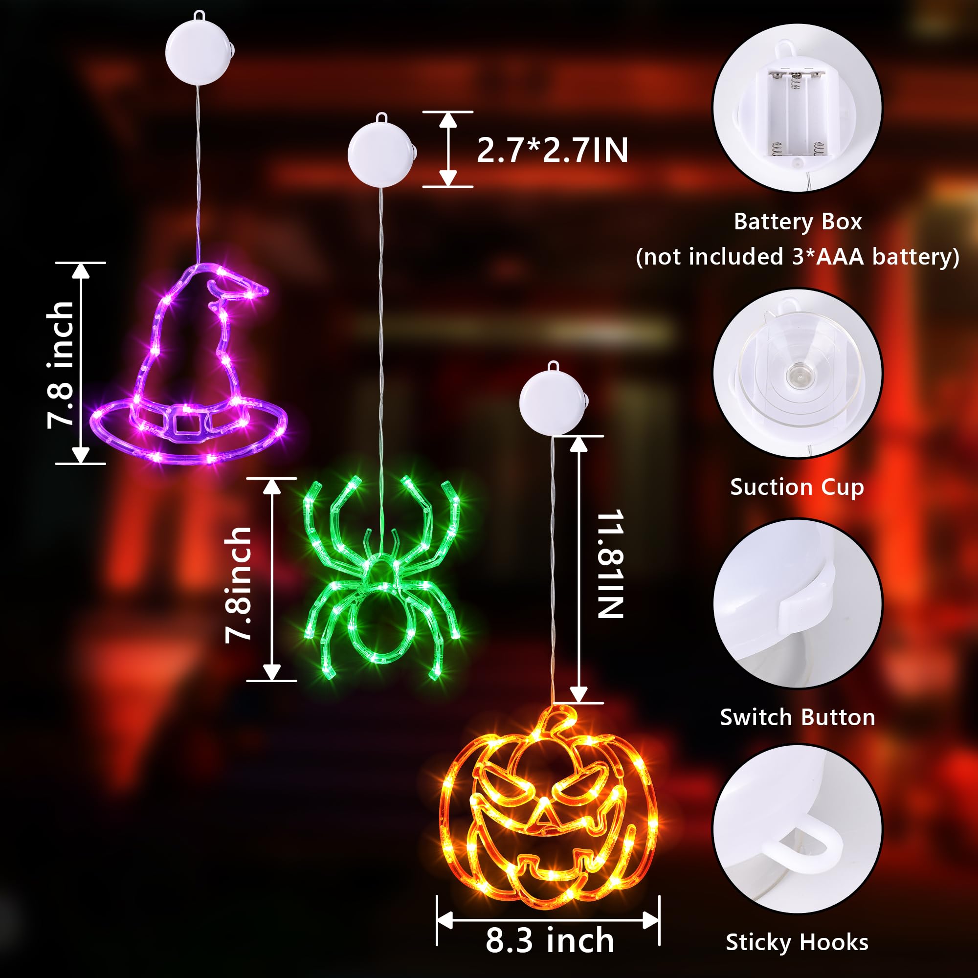 Halloween Window Lights Set – Pumpkins, Witch Hats & Spider LED Decor with Timer & Dual Lighting Modes (Battery Operated)