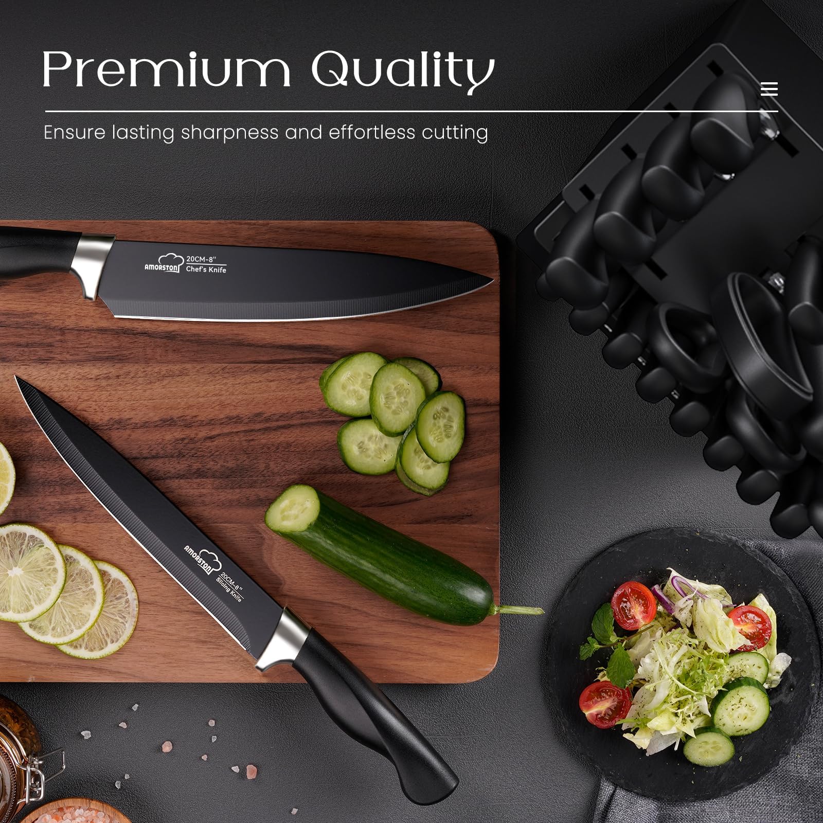 21-Piece Elegant Black Knife Block Set with Built-In Sharpener – Precision German Steel