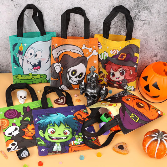 24-Pack Halloween Non-Woven Tote Bags – 6 Classic Designs (Pumpkin, Black Cat, Ghost) Reusable Trick-or-Treat Gift Bags