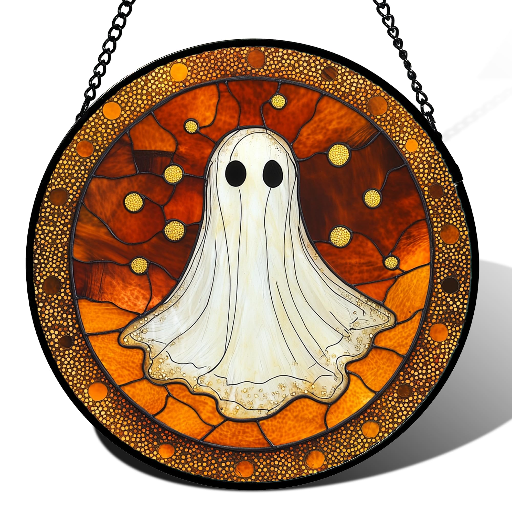 Halloween Stained Glass Window Hanging 🎃 – White Ghost Suncatcher with Pumpkins & Bats