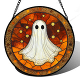Halloween Stained Glass Window Hanging 🎃 – White Ghost Suncatcher with Pumpkins & Bats