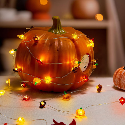 Autumn Harvest String Lights – 10 Pumpkins, 10 Acorns & 20 Maple Leaves on Copper Wire, Battery Operated with Timer (Orange)