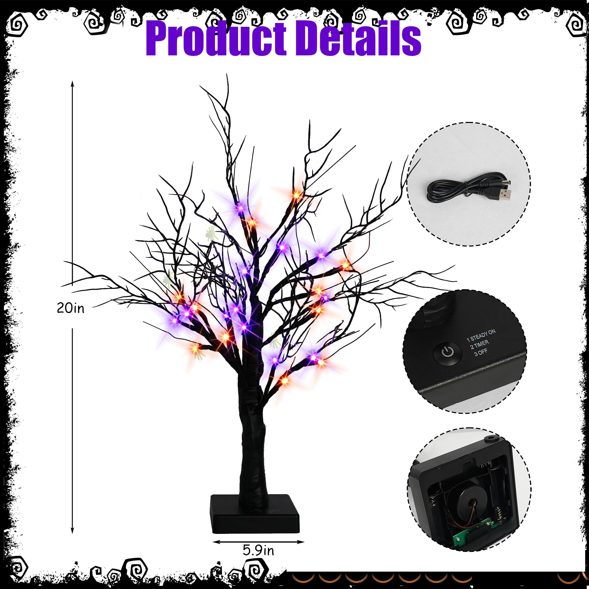 Dazzle Bright 2 Pack 20 Inch Orange & Purple Lighted Halloween Birches Tree Decor, 24 LED Battery Operated Halloween Decorations Artificial Black Spooky Tree with Timer for Indoor Home Party