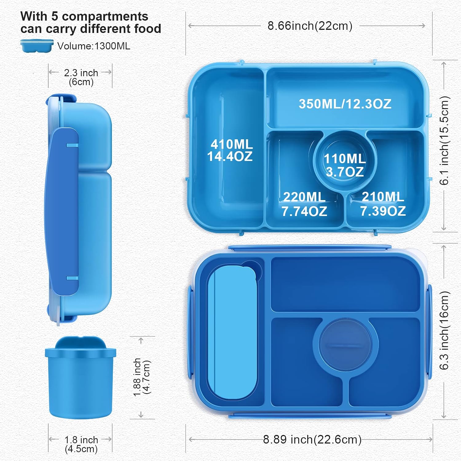 Blue 5-Compartment Bento Box with Sauce Container