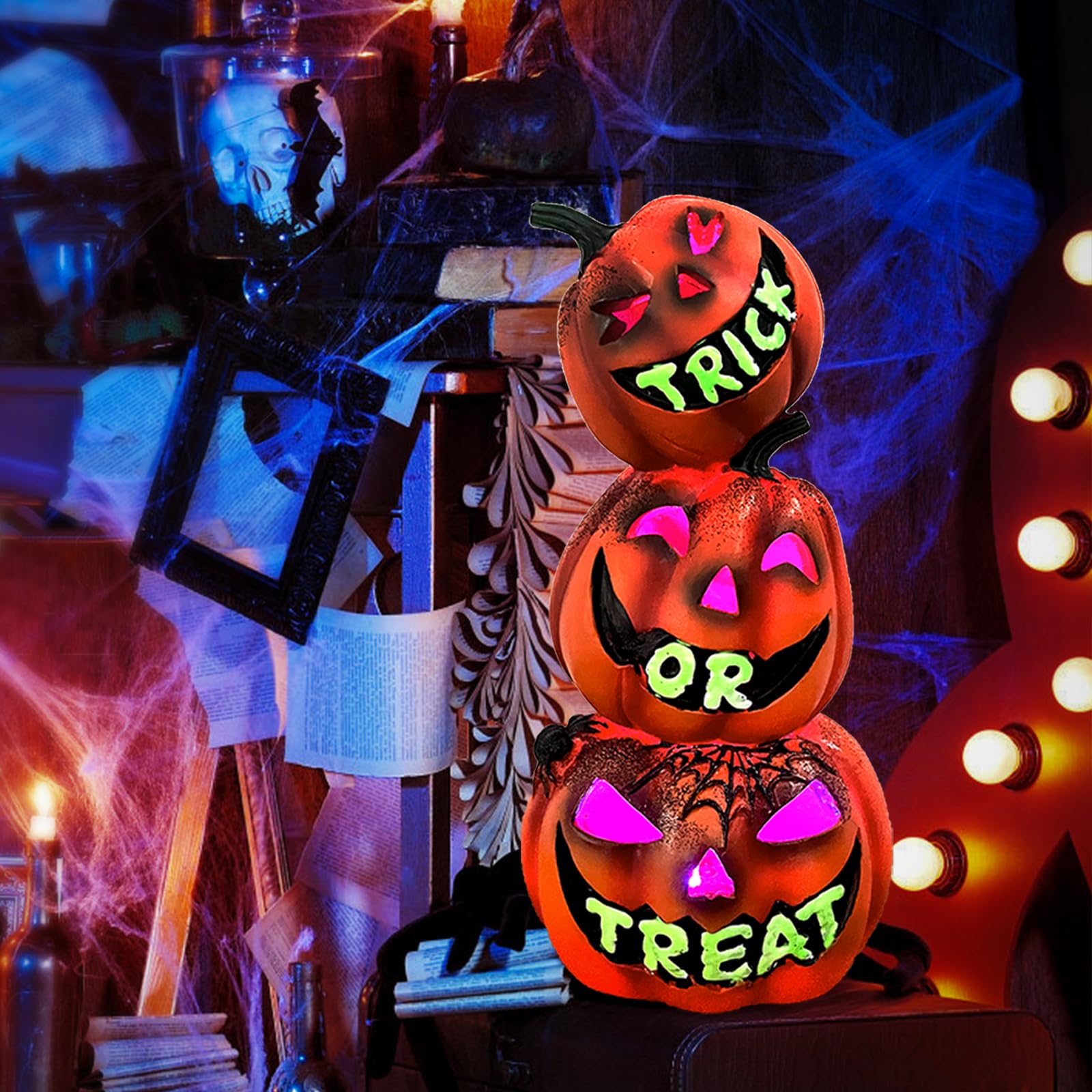 Trick or Treat Pumpkin Lantern – Color-Changing LED Jack-O’-Lantern Stack Light, Battery Operated Halloween Decoration (Resin Design)