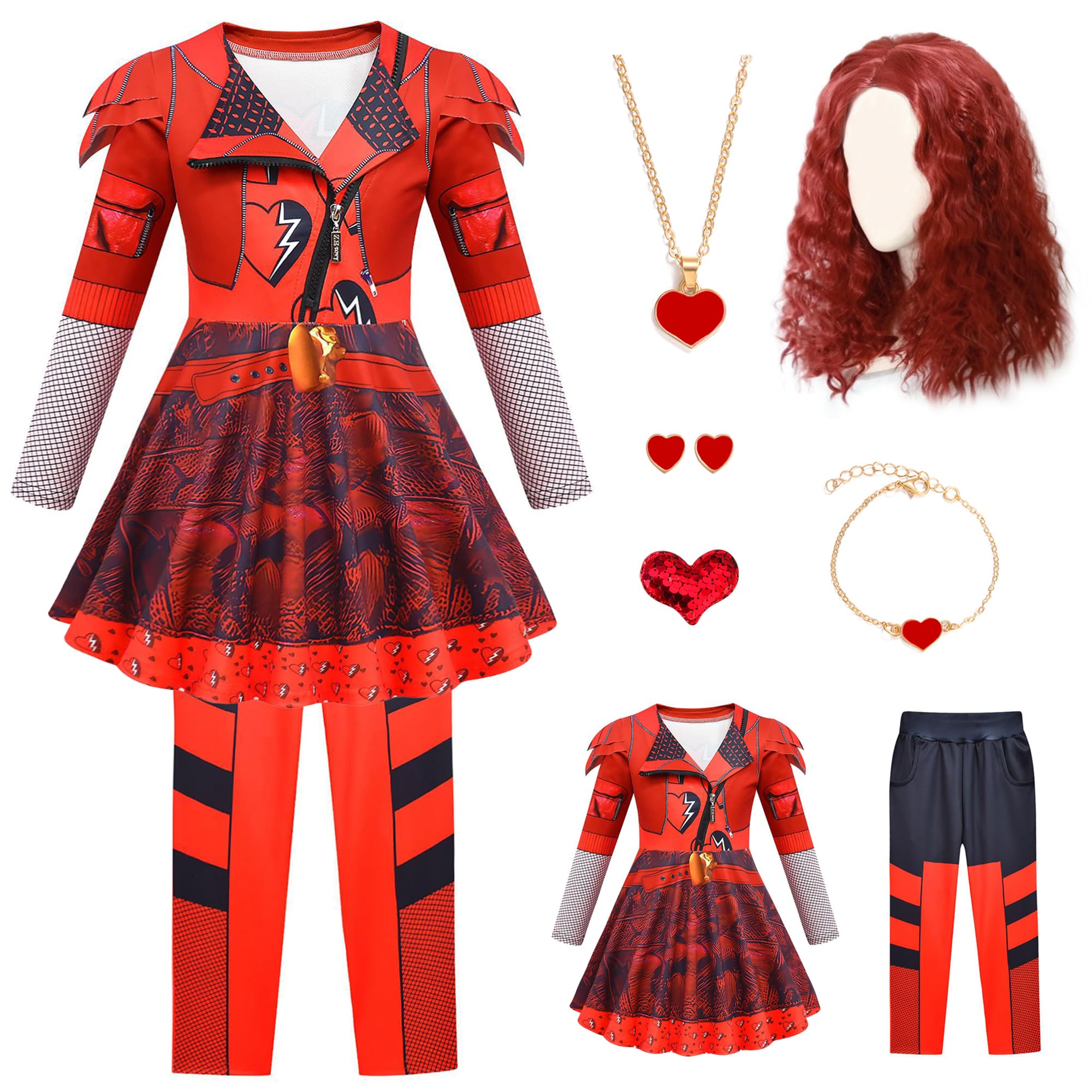 Girls Red Heart Costume Set – Jacket, Pants, Wig & Accessories (Bracelet, Necklace, Earrings, Hairpin)