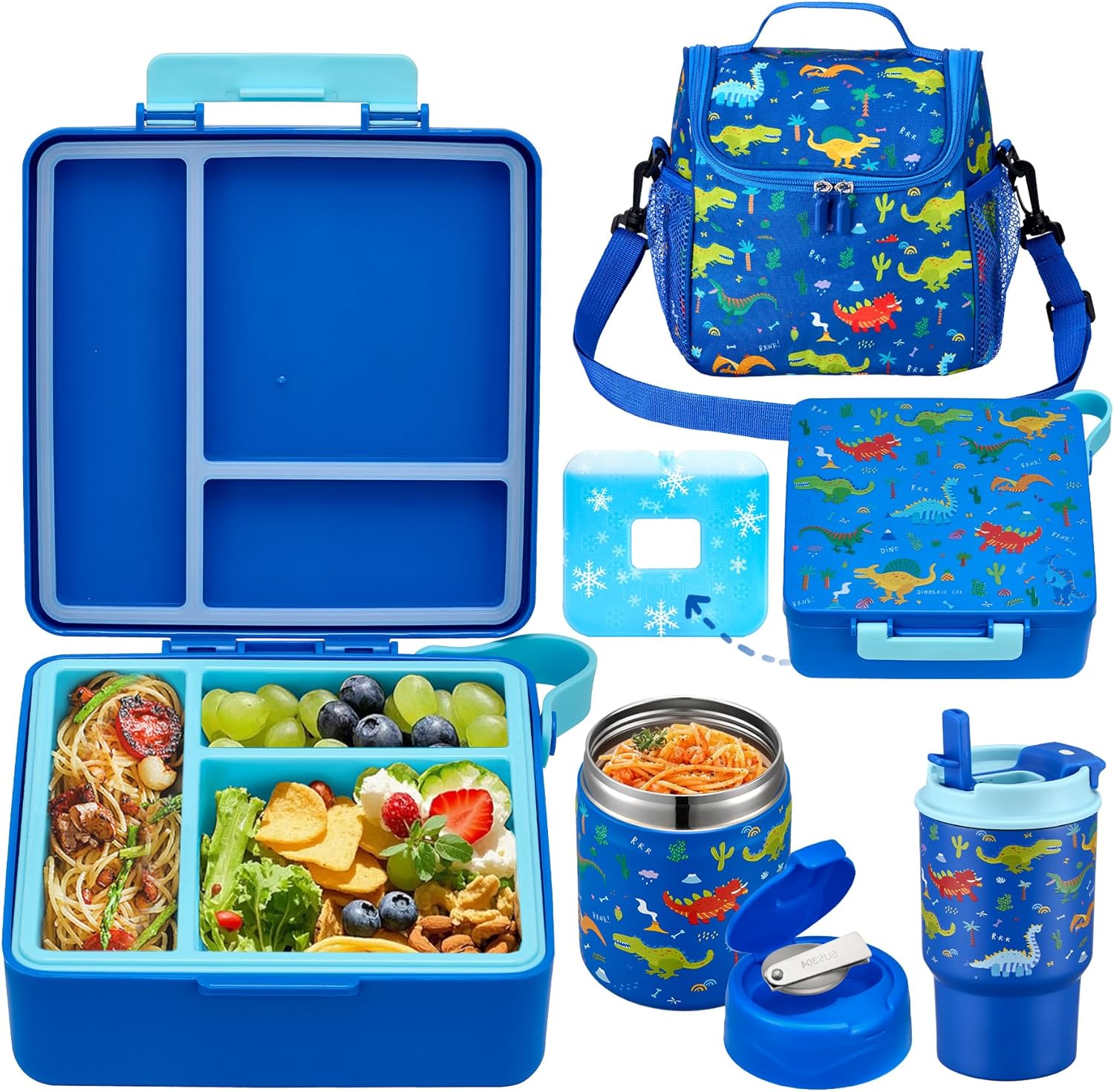 Kids Bento Lunch Box Set with 3 Compartments, 17 oz Food Jar, Insulated Bottle, Lunch Bag and Ice Pack