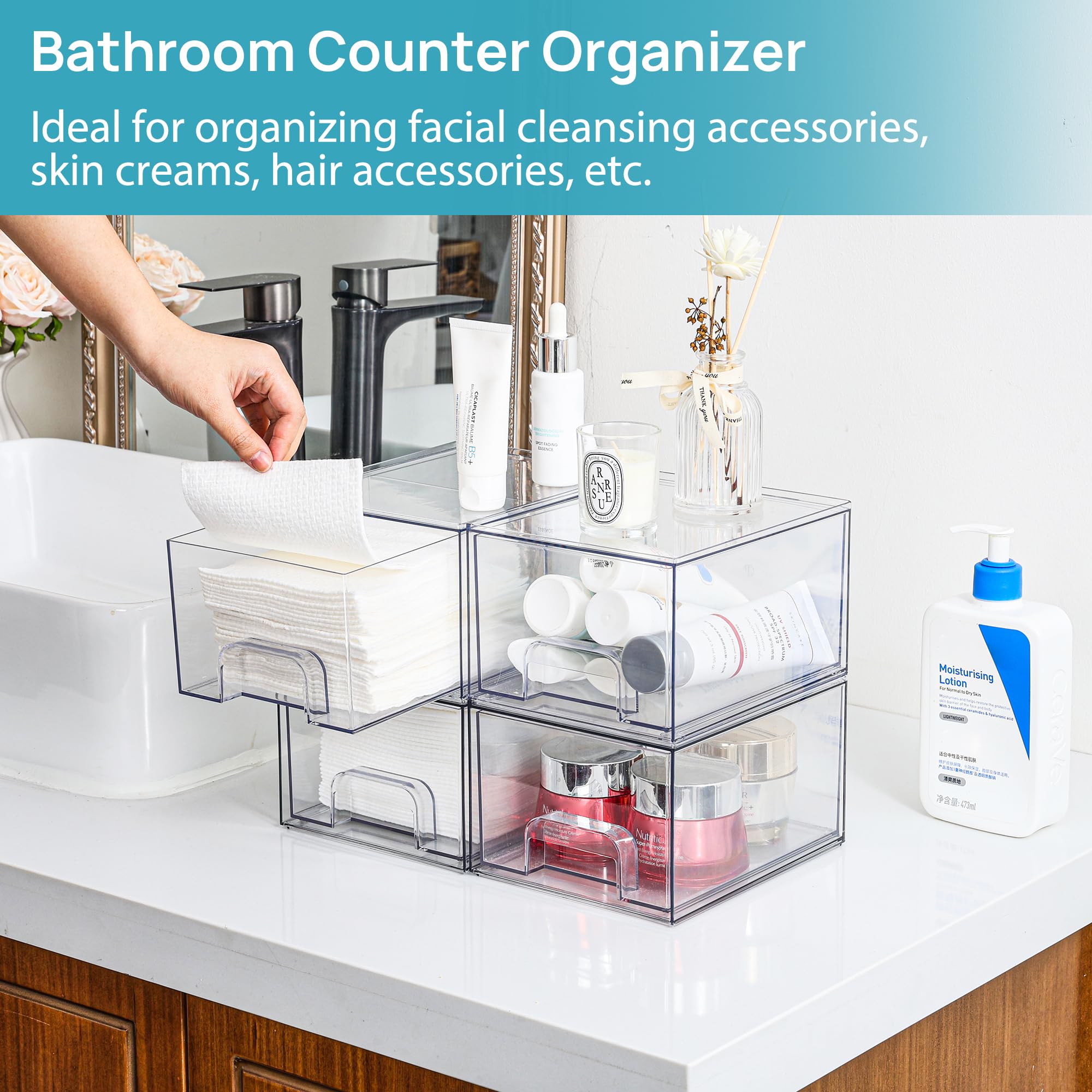 Clear Stackable Drawer Organizer Set (4-Pack) – Pull-Out Storage Drawers for Bathroom, Kitchen, Vanity & Pantry