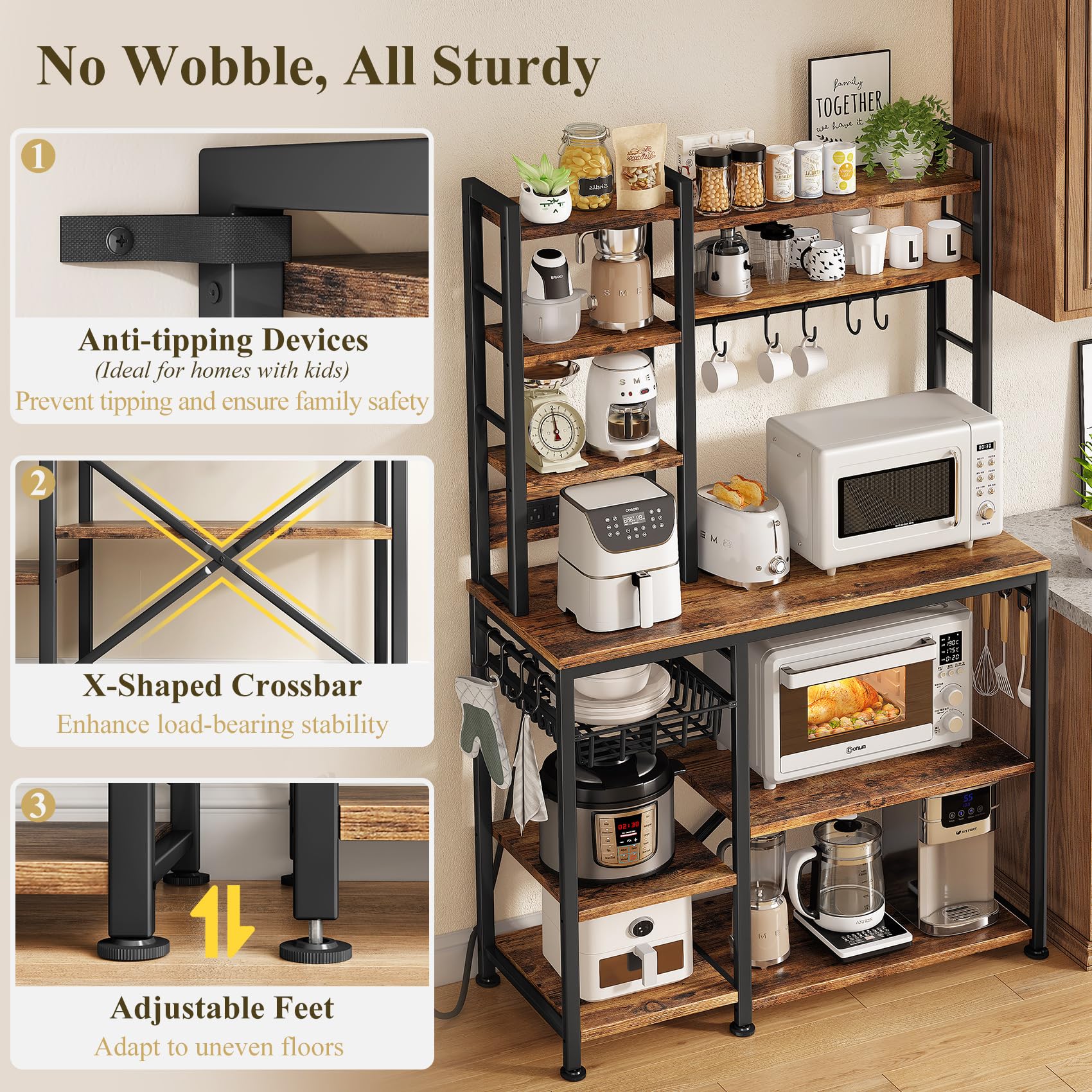 Kitchen Baker’s Rack with Power Outlets – Rustic Brown Microwave Stand, Coffee Bar Station with Shelves, Hooks & Basket