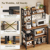 Kitchen Baker’s Rack with Power Outlets – Rustic Brown Microwave Stand, Coffee Bar Station with Shelves, Hooks & Basket