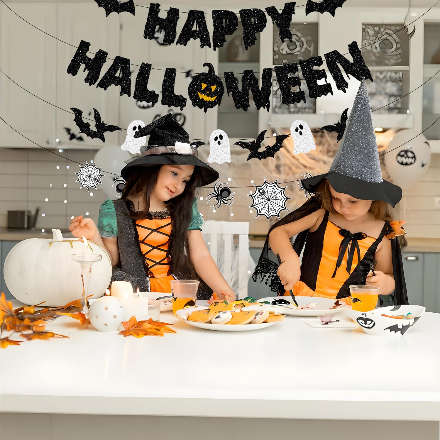 Black Glitter “Happy Halloween” Banner Set 🕷️ – Pre-Assembled Party Garland with Spiders, Bats & Webs