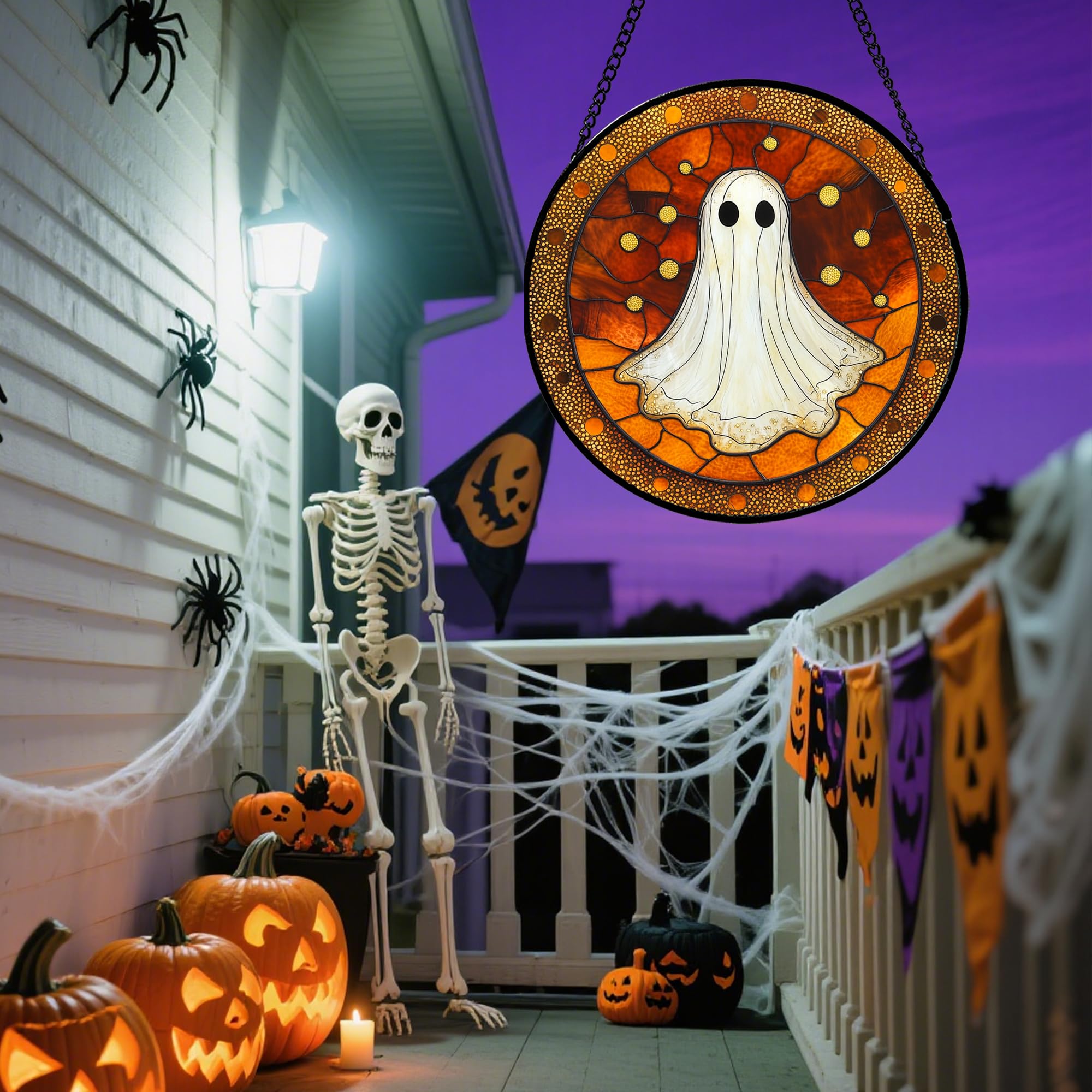 Halloween Stained Glass Window Hanging 🎃 – White Ghost Suncatcher with Pumpkins & Bats