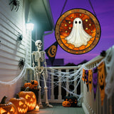 Halloween Stained Glass Window Hanging 🎃 – White Ghost Suncatcher with Pumpkins & Bats