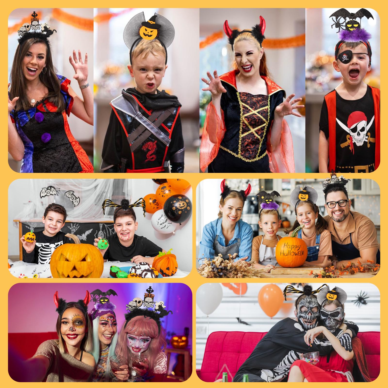 6-Pack Halloween Glitter Headbands – Witch Hat, Pumpkin & Bat Hair Accessories for Women & Kids