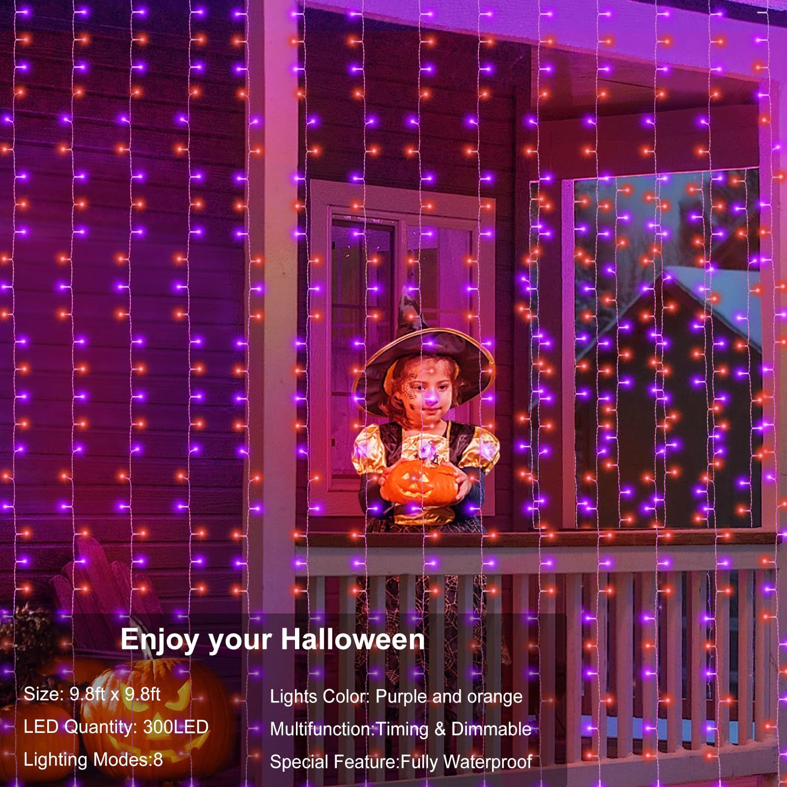 Purple & Orange Halloween Curtain Lights – 300 LED Battery-Operated String Lights with Remote Control (9.8ft x 9.8ft, Indoor/Outdoor)