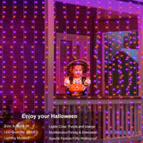 Purple & Orange Halloween Curtain Lights – 300 LED Battery-Operated String Lights with Remote Control (9.8ft x 9.8ft, Indoor/Outdoor)