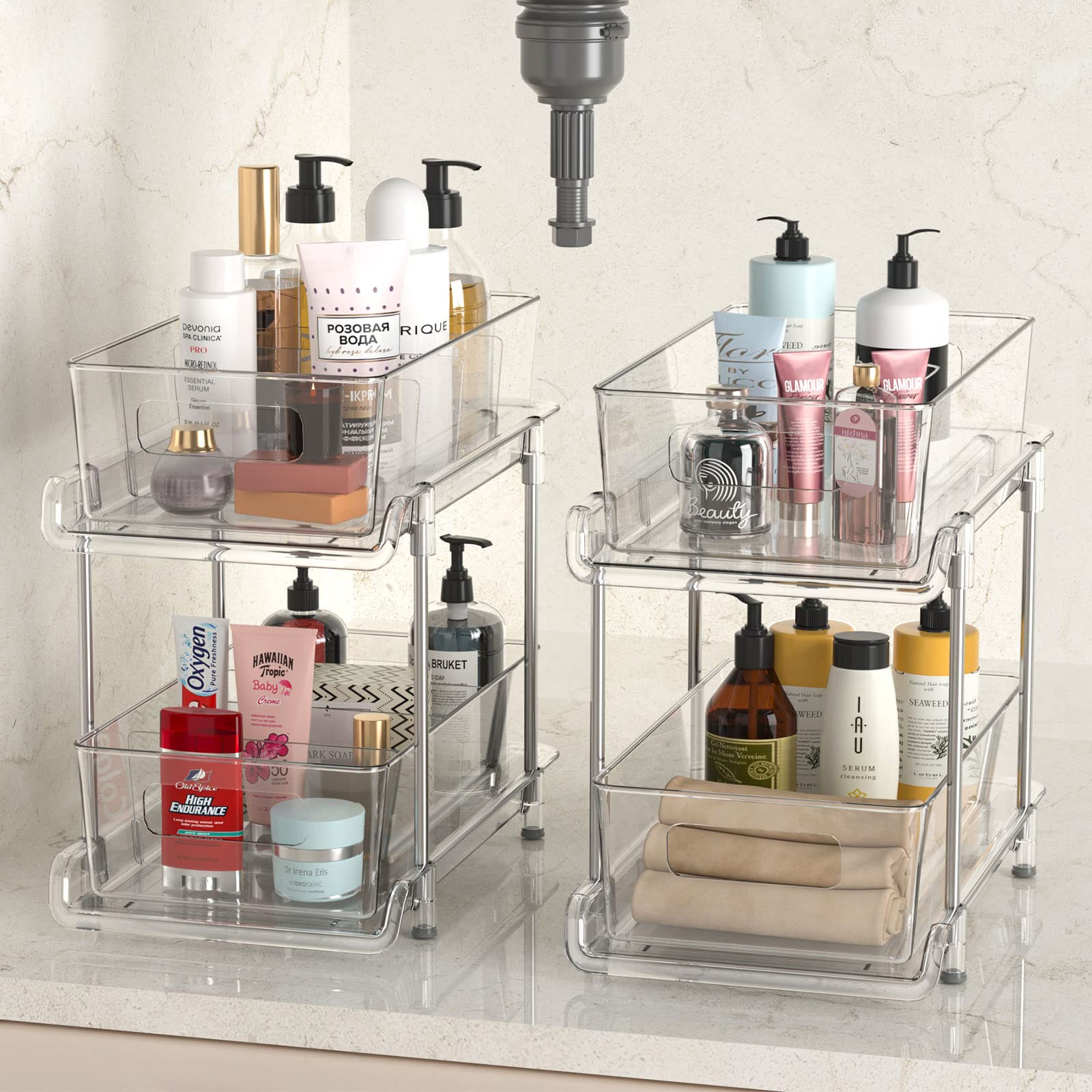 Hihegd 2-Tier Clear Pull-Out Organizer Set – Modular Under-Sink Storage with Adjustable Dividers