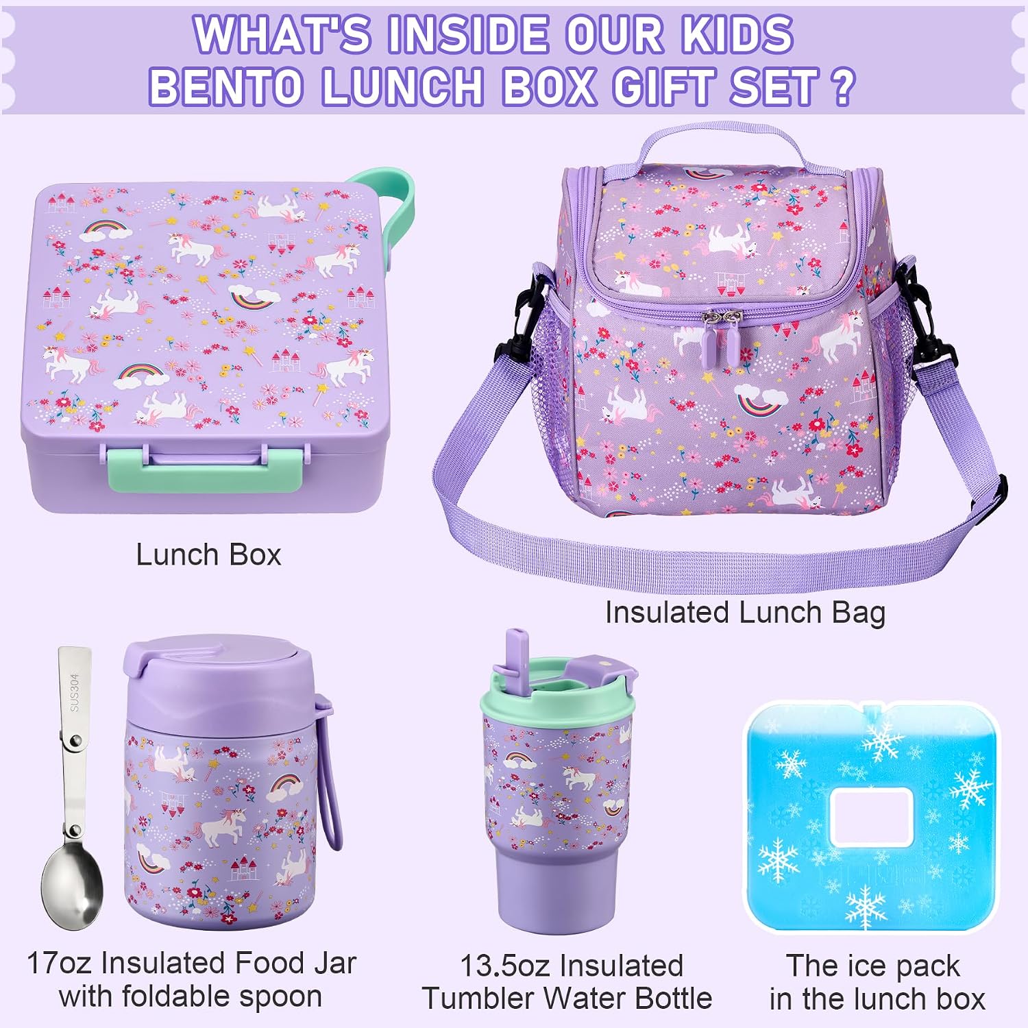 Kids Bento Lunch Box Set with 3 Compartments, 17 oz Food Jar, Insulated Bottle, Lunch Bag and Ice Pack