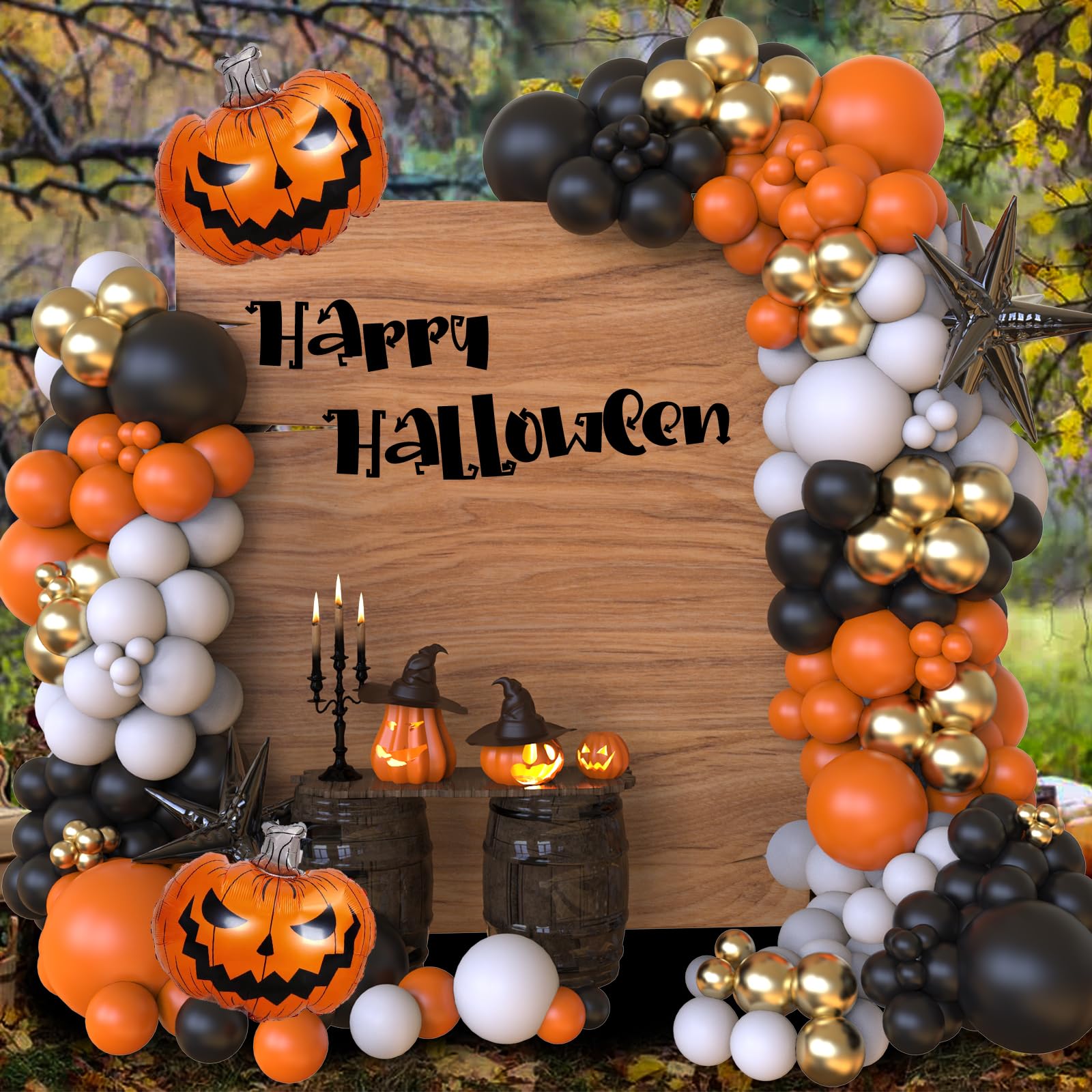 Halloween Balloon Arch Kit – 122 PCS Black, Orange, Sand & White Party Garland Set with Pumpkins & Starburst Balloons