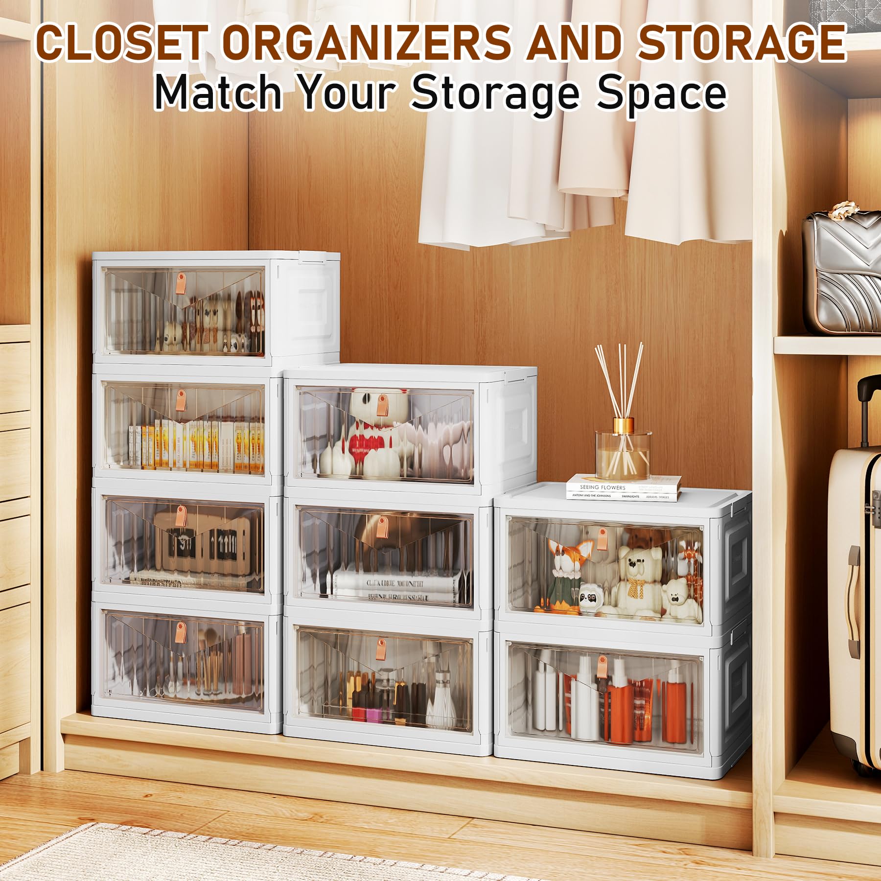 4-Tier Modular Storage Bins with Lids & Wheels – 23QT Foldable Plastic Organizer Drawers, White