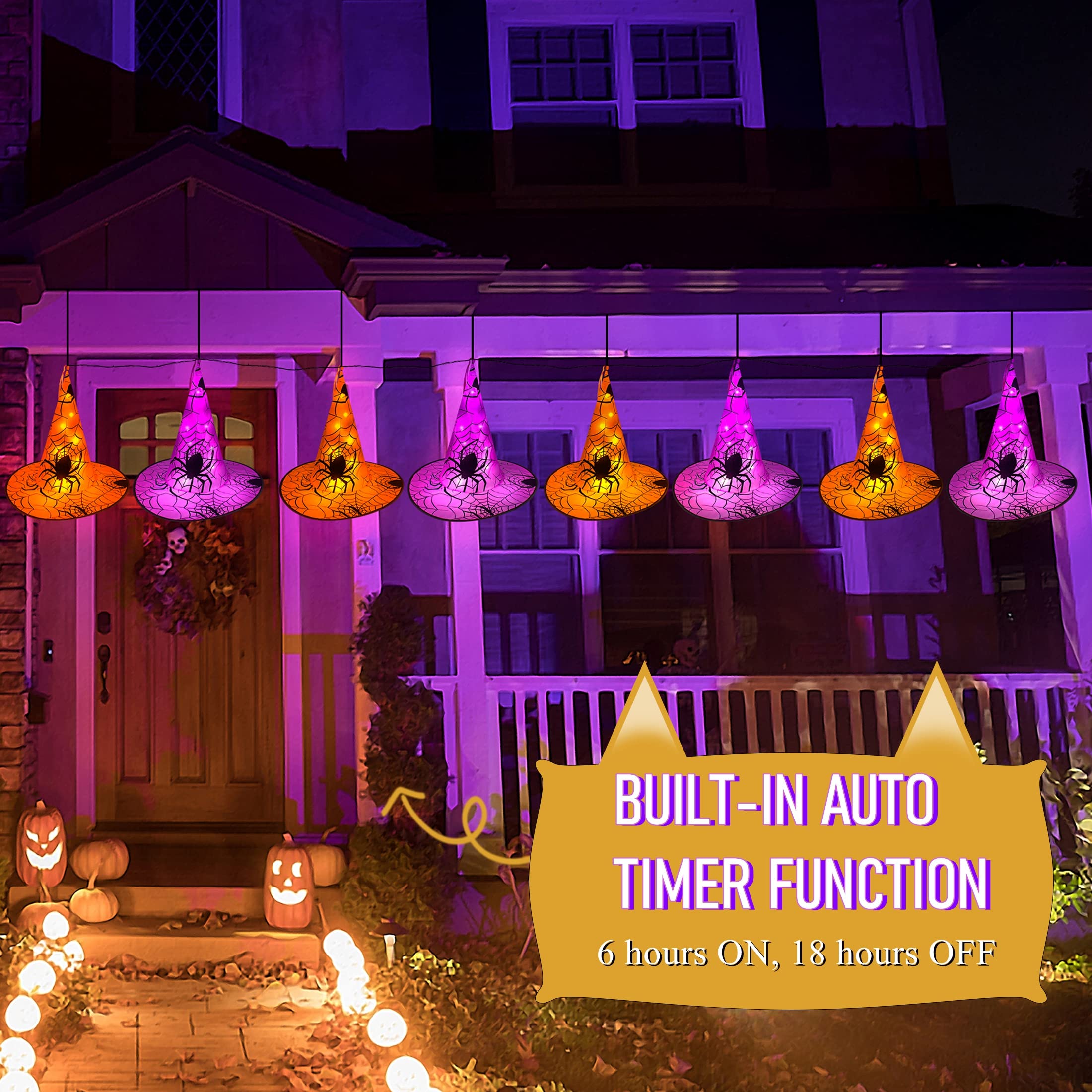 Halloween Hanging Witch Hat Lights – 8-Piece Orange & Purple LED String Lights with Remote & Timer (16ft Total Length)
