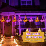 Halloween Hanging Witch Hat Lights – 8-Piece Orange & Purple LED String Lights with Remote & Timer (16ft Total Length)