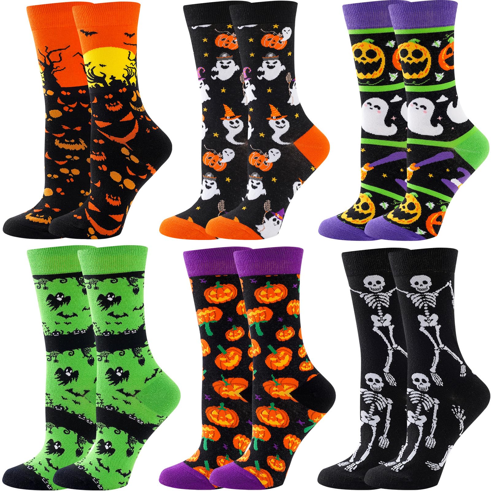 6Pairs Women’s Halloween Socks – Pumpkin, Ghost, Witch, Owl & Skeleton Crew Socks for Festive Comfort