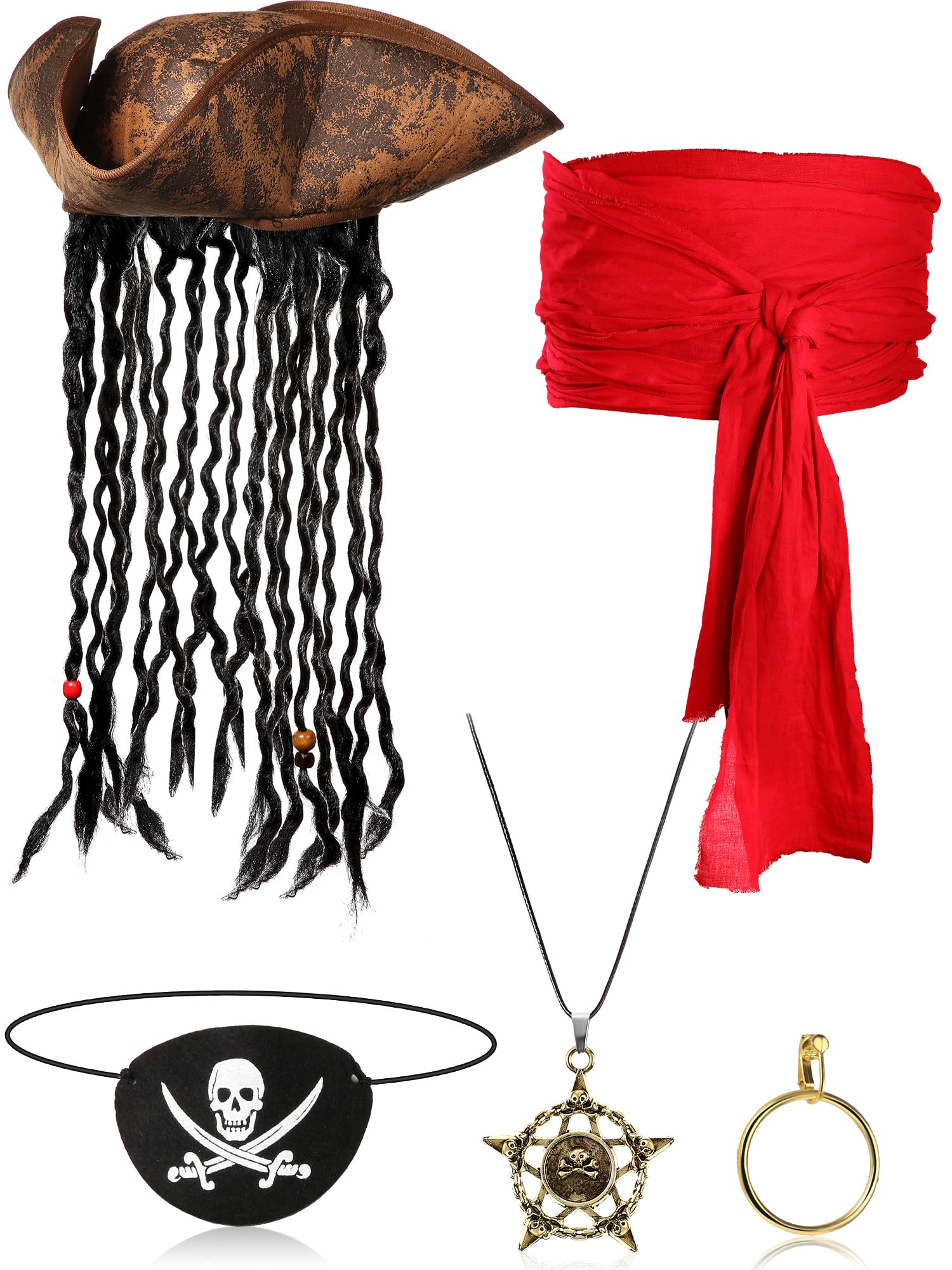 Red Pirate Costume Accessory Set – 5PCS Complete Outfit Kit with Hat, Sash, Eye Patch, Necklace & Earring