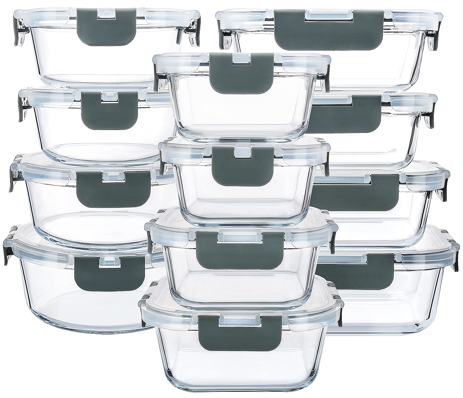 Glass Food Storage Containers with Lids – 24-Piece Borosilicate Meal Prep Set (Gray Lids)