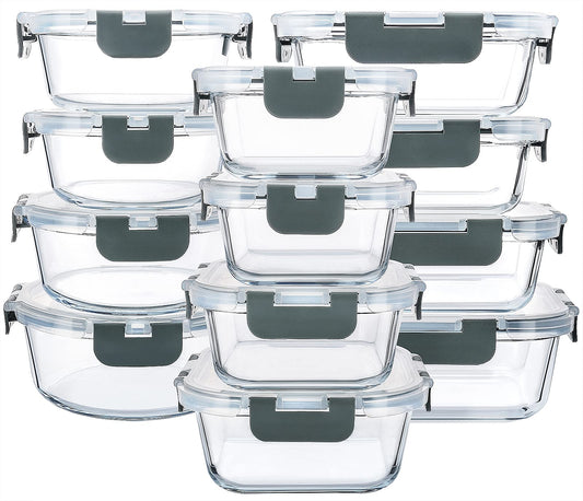 Glass Food Storage Containers with Lids – 24-Piece Borosilicate Meal Prep Set (Gray Lids)