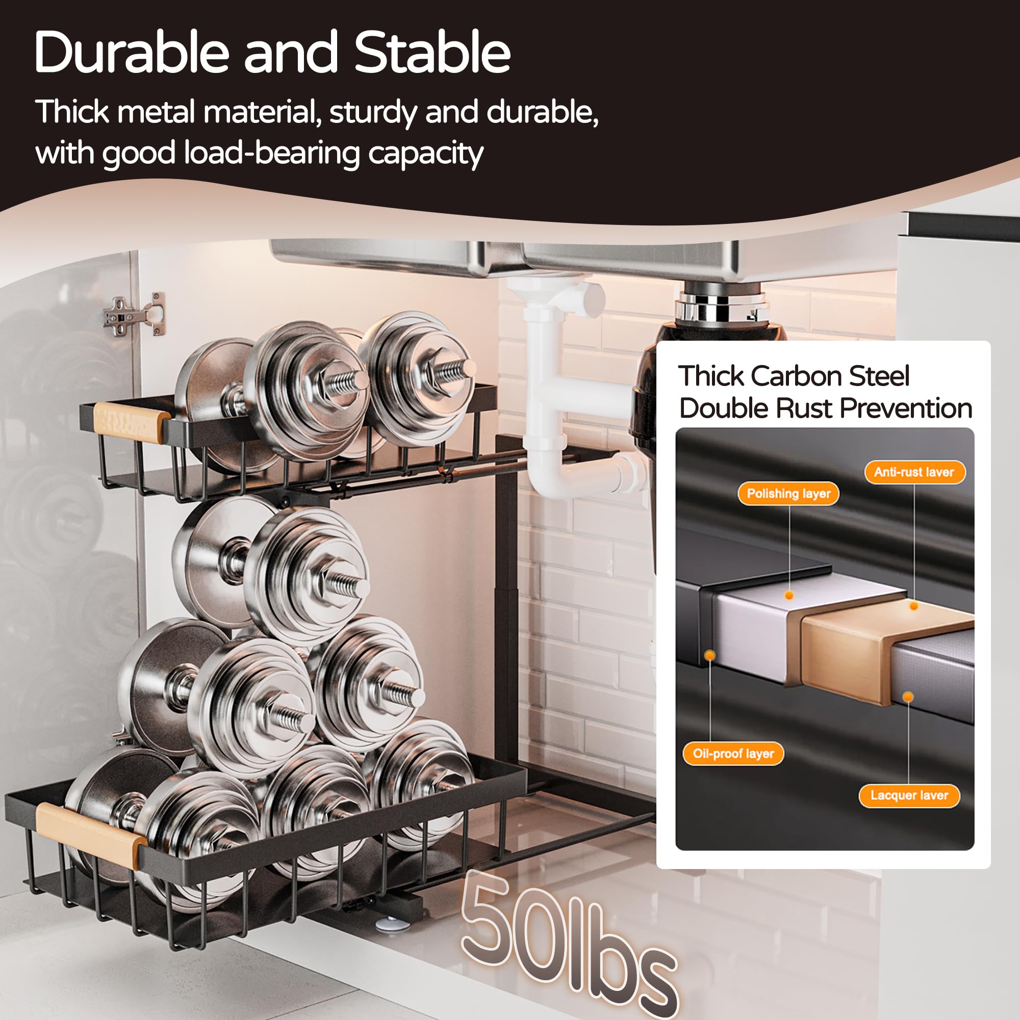 ADBIU Black Adjustable Under Sink Organizer – 2-Tier Pull-Out Cabinet Storage with Expandable Height (2 Pack)