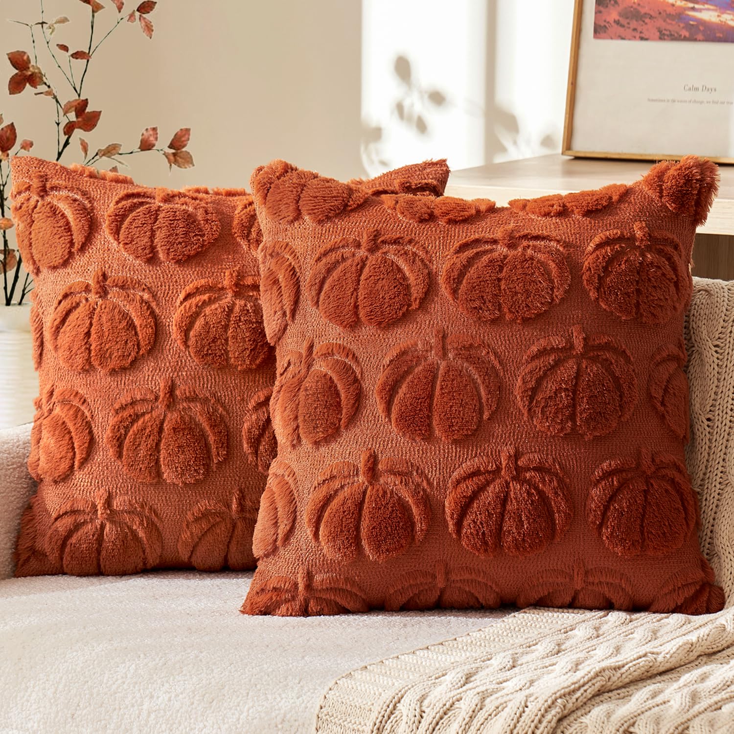 Rust Pumpkin Faux Fur Pillow Covers – Set of 2 Cozy Fall Cushion Cases for Autumn Harvest Home Décor (18x18 Inch)