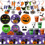 Halloween Party Supplies Set for 24 Guests – Includes Plates, Cups, Napkins, Tablecloth, Banner & Hanging Swirls – Complete Halloween Tableware & Decorations Kit